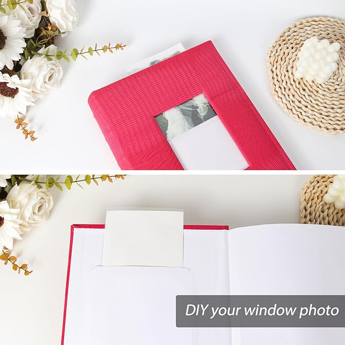 RECUTMS 4x6 Photo Album Photo Book Pack of 50 Sheets Holds 300 Photos,Leather Cover Picture Album with Front Window for Memories Couple Valentines Baby Wedding Family (Pink)