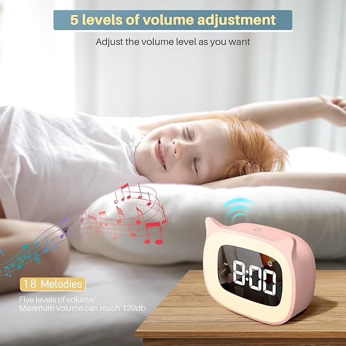 Kids Alarm Clock with Night Light & 18 Ringtones,Rechargeable,Cute Cat Ear Clock for Boys Girls Birthday Presents,Digital Clock for Children's Bedroom(Pink)
