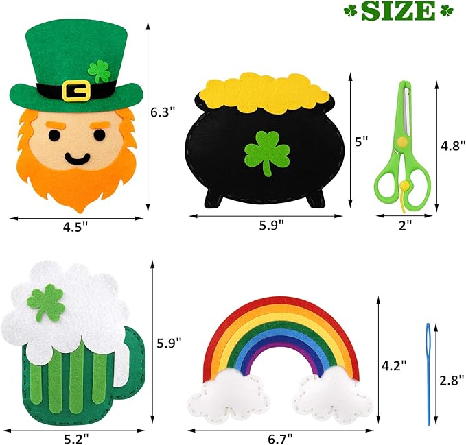 CiyvoLyeen St. Patrick's Day Craft Kids Sewing Kit Fun Saint Paddy's Day Felt DIY Craft Sewing for Girls and Boys Beginners Includes 12 Projects Clover Shamrock Ornaments Irish Education Gift Ideas