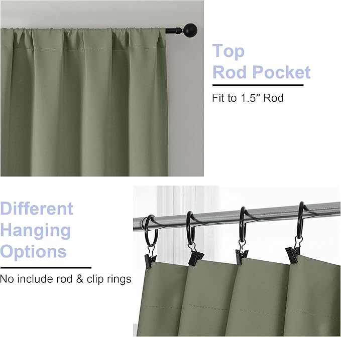 Simplebrand Ava Sage Green Blackout Curtains for Bedroom 96 Inches Long 2 Panels, Solid Thermal Insulated, Energy Saving Living Room Window Treatment Curtains Blackout Drapes, W40 x L96 Inch, Sage