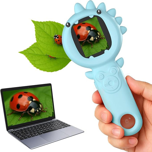 2-in-1 Microscope Camera for Kids, Mini Handheld Microscope Supporting Multiple Viewing Angles, Outdoor Educational Science Adventure Toys, Birthday Gifts for 3-10 Years Old Boys Girls, Blue Dinosaur
