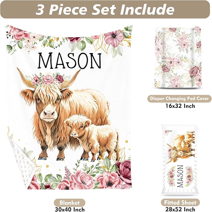 Custom Name Crib Bedding Set - Flower Highland Cow Pattern, Personalized Nursery Bedding 3-Piece Set– Soft Blanket, Fitted Sheet, Changing Pad Cover – for Newborns Girls Nursery Gifts