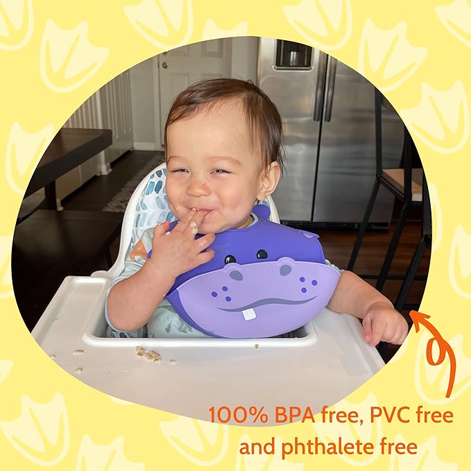 Silly Goose Silicone Animal Baby Bibs for Babies and Toddlers, Waterproof, Adjustable, Soft, Extra Wide Food Catcher Pocket (Baby Hippo)