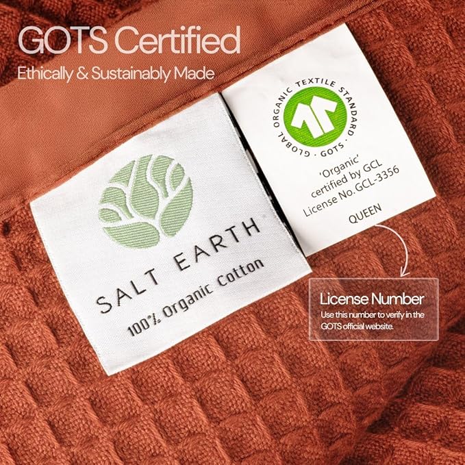 GOTS Certified 100% Organic Cotton Salt Earth Throw Blanket, 90"X 90" Blankets & Throws For Bed, Throw Blanket For Couch,Modern & Cozy Blanket, All Season Waffle Blanket, Soft Blanket (Cinnamon Stick)