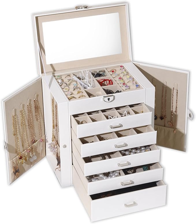 BOOVO Jewelry Box For women, 6 Layer Large Jewelry Organizer With Mirror, Multi-Function Storage Box With Lock, Accessory Holder With 5 Drawers, For Earrings Necklace Ring Bracelet (White)