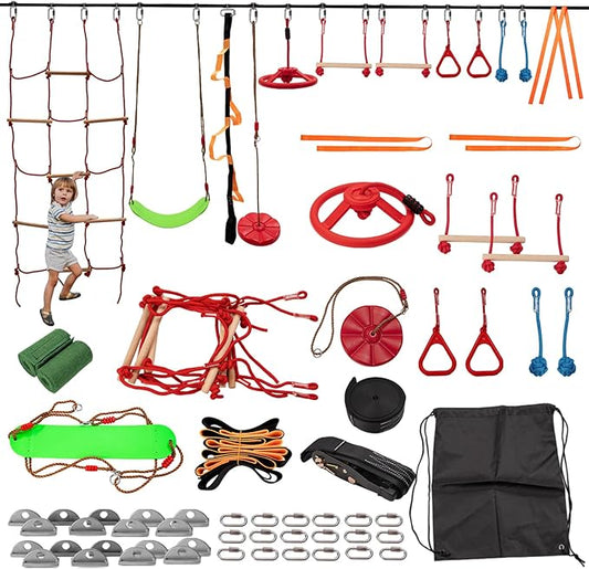 Slsy 60FT Ninja Warrior Obstacle Course for Kids, Complete 13-Obstacle Slackline Kit with Monkey Bar, Swing, Balance Belt, Climbing Ladder & Net, Durable Outdoor Playset Equipment