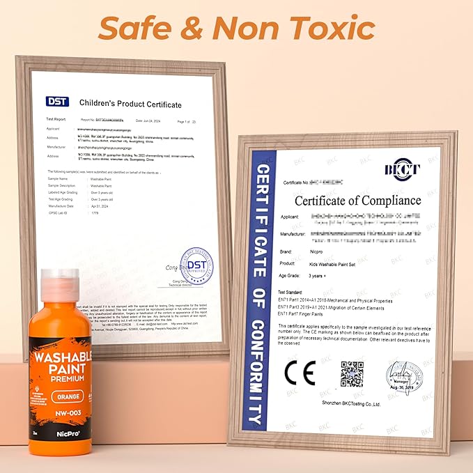 Nicpro Washable Paint for Kids, Kids Painting Set with Cups and Paintbrushes, 12 Vibrant Colors(2 oz), Non Toxic Washable Finger Paint for Toddlers Preschool Home School Children Art Painting Supplies