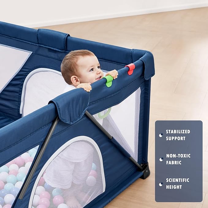 Baby Playpen Foldable, Playard for Babies and Toddlers, Portable Playpen Activity Center with 50 Balls+2 Handles for Travel, Indoor & Outdoor Play Pen with Mesh 50''x50''