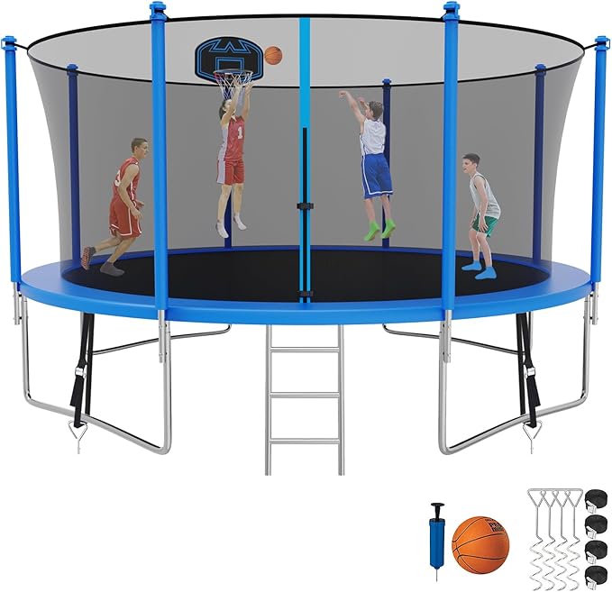 SKYUP Tranpoline 1500LBS 16 15 14 12 10 8 FT Tranpoline for 7-10 Kids and Adults, Windproof Outdoor Tranpoline with Enclosure Net, Basketball Hoop, Easy to Install & Last Long - ASTM Approved