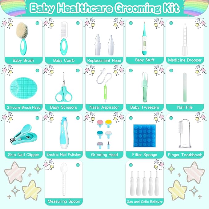 Baby Healthcare and Grooming Kit, 28 in 1 Portable Baby Essentials Kit Electric Nail Trimmer Set with Gas Relief Hair Brush Comb Nasal Aspirator for Newborn Boys Girls (Green)