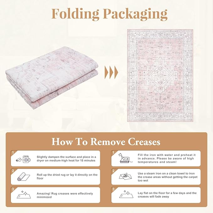 LIVEBOX Pink 6x9 Area Rug for Bedroom Girls, Boho Washable Rugs for Living Room Nursery, Non-Slip Indoor Soft Carpet Low-Pile Farmhouse Carpets for Dining Room Kids Playroom, Pink