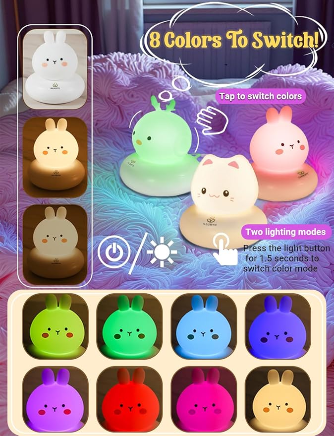 Kids lamp, Bunny Night Light, Toddler Night Light, Rechargeable & Dimmable with 30 mins Timer Function, Safe Silicone Material for Kids to Play with,【9 Colors】