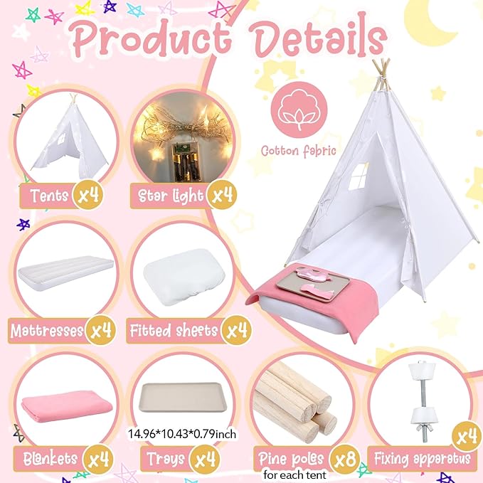Windyun 4 Pack Kids Teepee Tent for Slumber Party with Mattress and Lights, Sleepover Tents for Girls Boys Indoor Outdoor Cotton Teepee for Kids with Airbed Tray Blanket Birthday Party Supplies(White)