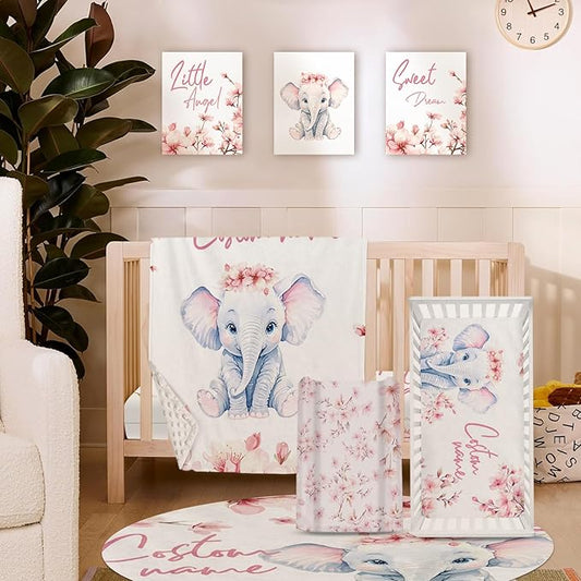 Personalized Nursery Crib Bedding Set: Custom Name 5 Piece Baby Crib Sets with Pink Flower and Elephant Pattern - Toddler Double Layer Blanket Set, Comfortable Crib Bed Sheets for Baby Grils