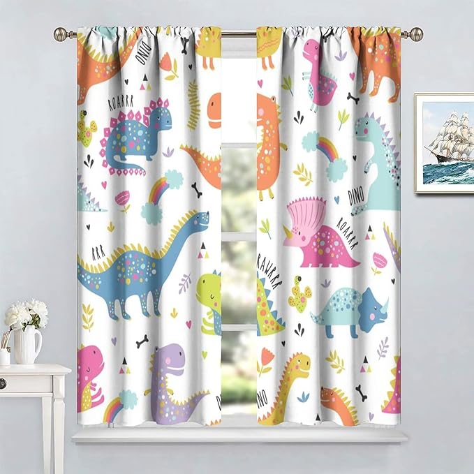 Cartoon Dinosaur Curtains for Kids Boys Girls Home Decor Childish Cute Dino Animals Print Pattern Rod Pocket Blackout Window Drapes for Nursery Baby Bedroom Playroom W21xL63in 2 Panels