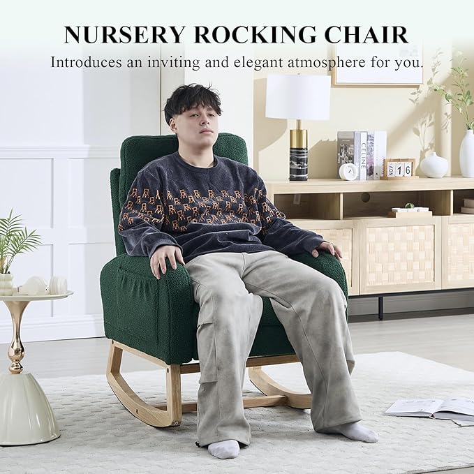 NIOIIKIT Oversized Nursery Rocking Chair, Teddy Upholstered Glider Chair with Footrest, Large Glider Rocker with Side Pocket, Rocking Accent Chair, Glider Recliner for Living Room (Green Teddy)