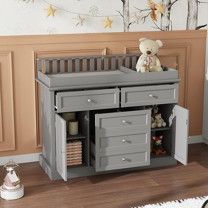 Nursery Dresser with Changing Table Top, 46"W Baby Dresser with 2 Drawers, Laundry Basket & Raised Guard, Infant Diaper Changing Storage Organize Station for Nursery and Baby Bedroom, Grey