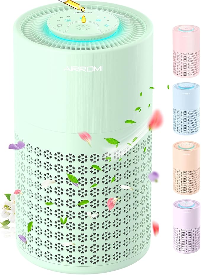 AIRROMI Air Purifier for Bedroom with HEPA 3-in-1 Filter, Pet Air Purifier for Home Cat Pee Smell, Covers Upto 990 Ft², Quiet 360°intake Air Cleaner for pet hair,allergies,Dust,Smoke A2001 Green