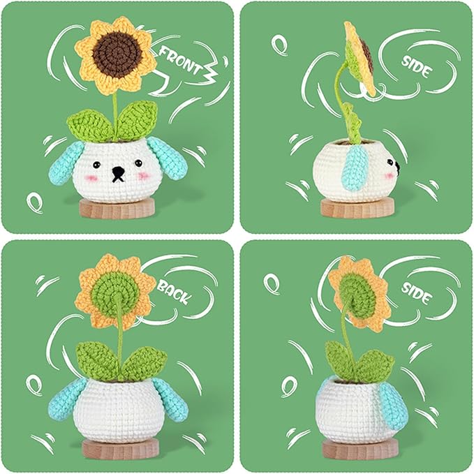 RoseFlower Crochet Kit for Beginners, 4 Pack Potted Plants Crochets Starter Kits with Step-by-Step Video Tutorials, DIY Craft Knitting Crochet Animals Set for Kids Adult