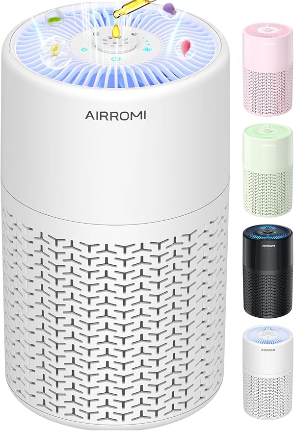 AIRROMI Pets Air Purifier for Home Allergies,Up to 660 ft².Yellow Deodorizing Activated Carbon Filter,With Fragrance Sponge for Better Sleep,Night Light,Pet Dander,Smoke,Odors,Air Cleaner A2002 White
