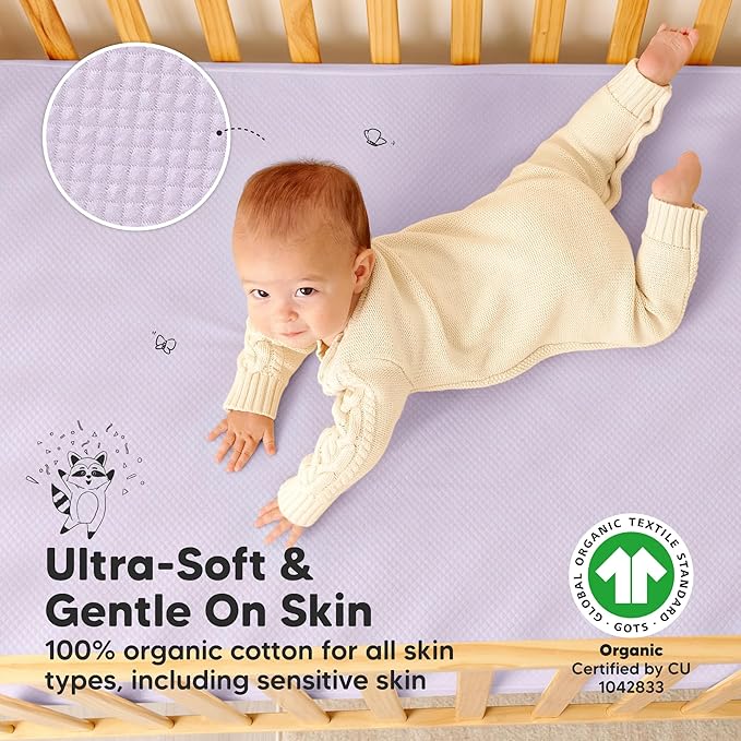 Waterproof Crib Mattress Protector Cover Fitted - 2-Pack Quiet Baby Crib Mattress Pad Sheets, 52" x 28" Soft Quilted Cotton Baby Sheet, Machine Washable, Easy Fit, Durable (Lilac/Quin)