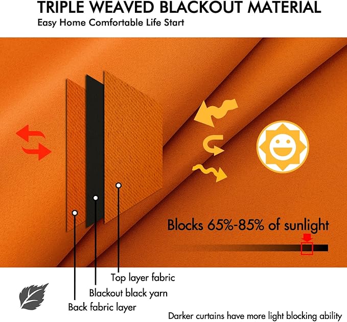 ANRODUO Back Tab Blackout Curtains for Bedroom Living Room, Rod Pocket Pinch Pleated Thermal Insulated Room Darkening Curtains 54 Inches Long 2 Panels, Orange, 42 x 54 Inch