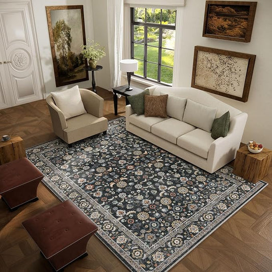 Washable Area Rugs for Living Room: 5x7 Bedroom Rug Vintage Boho Area Rug Stain Resistant Non Slip Low Pile Lightweight Soft Carpets for Living Room Dining Room Kitchen Nursery Kids Room Farmhouse