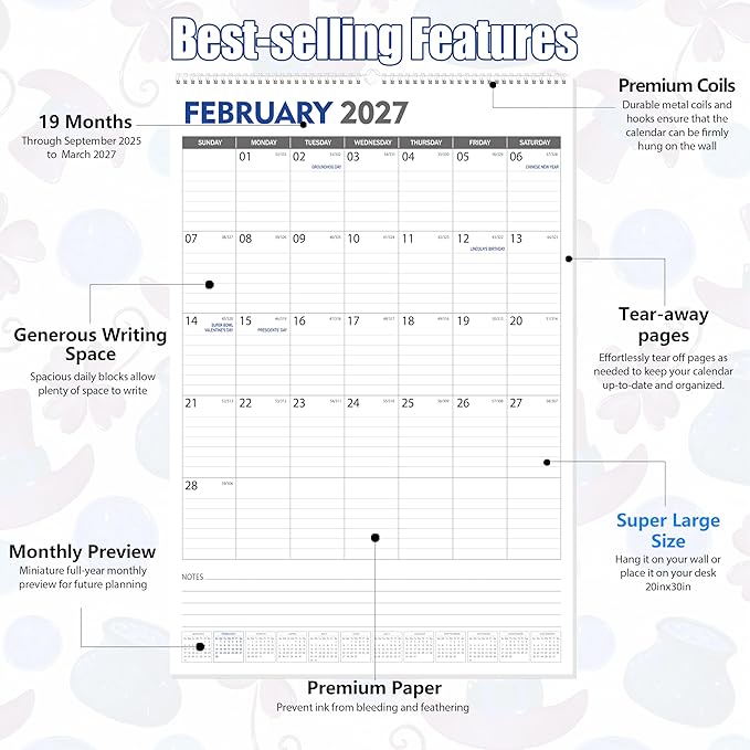 GuassLee Extra Large Wall Calendar 2025-26, 20"x 30" Gaint Vertical Wall Calendar 2026, Sep. 2025 to Mar. 2027, 19-Month Hanging Paper Planner Wall with Julian Date for Office Home