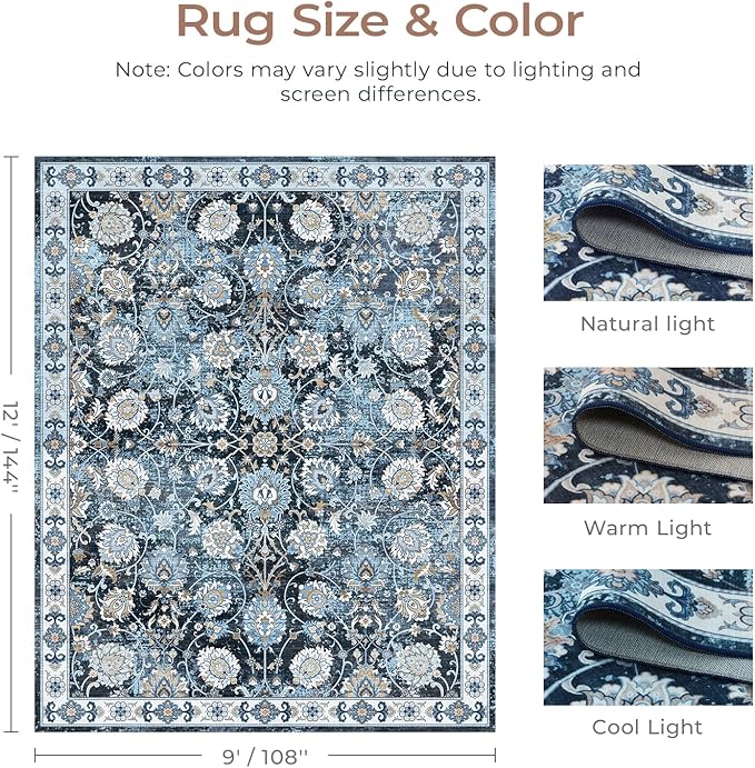 Blue 9x12 Area Rugs for Living Room, Washable Large Rug, Vintage Floral Soft Carpet, Non Slip & Low Pile, Wool Carpets for Indoor Bedroom Dining Home Playroom Office Under Table, Blue Garden