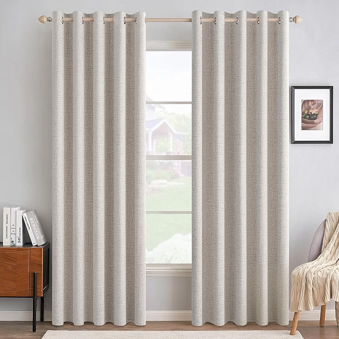 MIULEE 100% Blackout Linen Textured Curtains for Bedroom Solid Thermal Insulated Ivory Grommet Room Darkening Curtains & Drapes Luxury Decor for Living Room Nursery 62 x 96 Inch (2 Panels)
