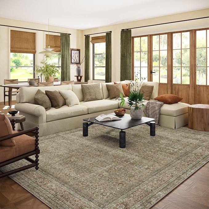 Washable Area Rugs for Living Room: 8x10 Bedroom Rug Boho Vintage Rugs Stain Resistant Non Slip Low Pile Lightweight Soft Carpets for Dining Room Kitchen Nursery Kids Room Farmhouse Living Room