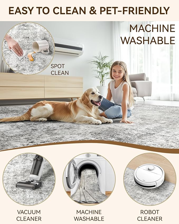 Washable Area Rugs 9'x12' Non-Slip Modern Abstract Soft for Living Room Entryway Bedroom Nursery, Print Pattern, Gray White Grey