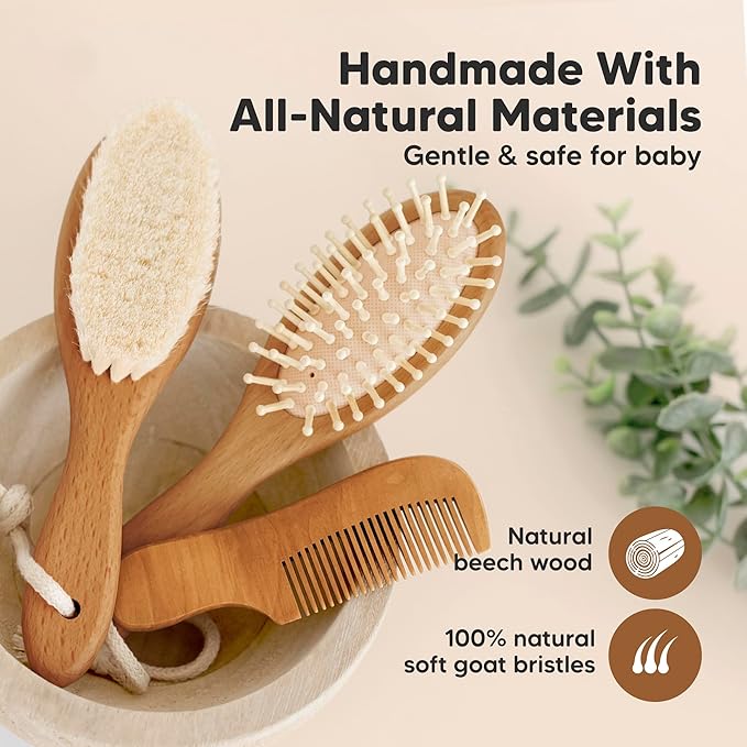 Baby Hair Brush and Comb Set for Newborn - Wooden Baby Hair Brush Set with Soft Goat Bristle, Baby Brush Set for Newborns, Baby Brush and Comb Set Girl, Boy, Toddler Cradle Cap Brush(Oval, Golden Oak)