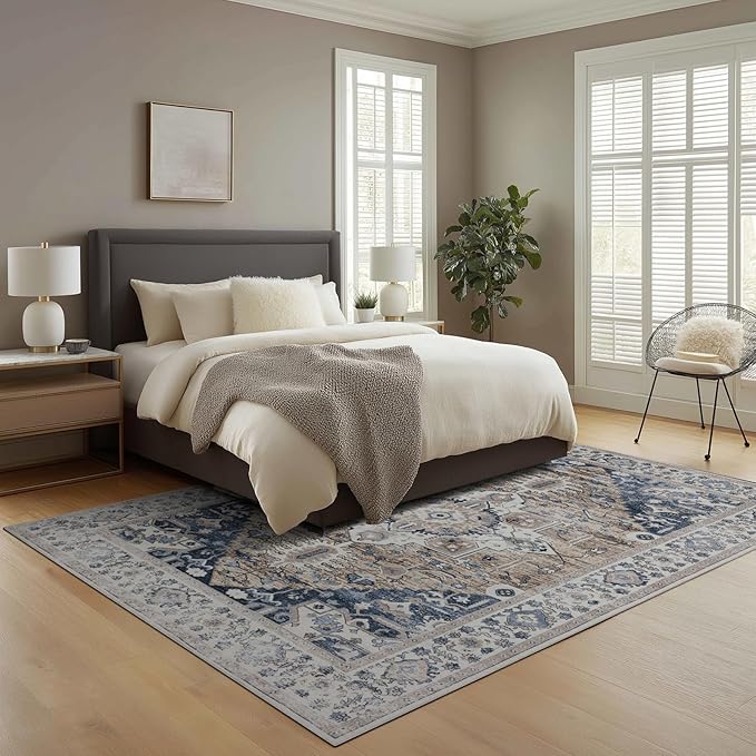 Washable Area Rugs 8x10, Large Rugs for Living Room, Carpet for Bedroom, Soft Faux Wool Retro Dining Room Rug, Non-Slip Backing Resistant Low Pile Vintage Print Rug for Home Office (Taupe/Blue)