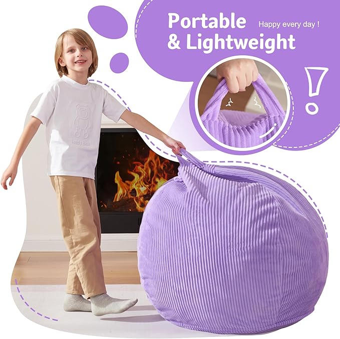 Homguava 2FT Bean Bag Chair,Teardrop Bean Bags Small Beanbag Chair with Memory Foam Filled and Ultra Soft Corduroy Cover for Living Room, Bedroom (Small,Purple)