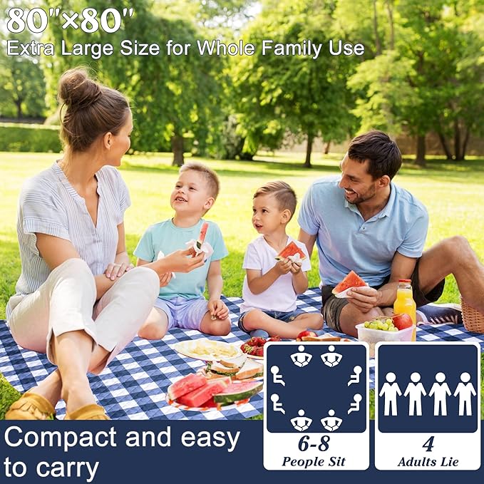 Extra Large Picnic Blanket 80''x 80'' Waterproof Foldable Picnic Mat for Beach, 5-Layer Outdoor Blanket for 6 to 8 Adults,Camping Grass Lawn Park Accessories Couple Park Wedding Registry(Navy Blue)