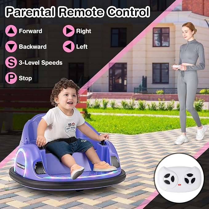 GLACER 12V Bumper Car, Electric Kids Bumper Car w/Parental Remote, 3-Speed, 360°Spin, Music, LED Light, Battery Ride on Bumper Car w/Dual Joysticks, Baby Bumper Car for Toddlers 18 Months+ (Purple)