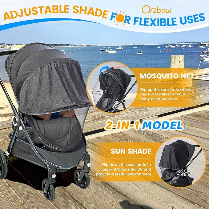 Orzbow 2-in-1 Baby Mosquito Net with UPF50+ Sunshade for Stroller, Breathable Stroller Mosquito Netting Privacy Cover with Two-Way Zipper & Storage Bag for Bassinet, Carrycot & Car Seat, Black
