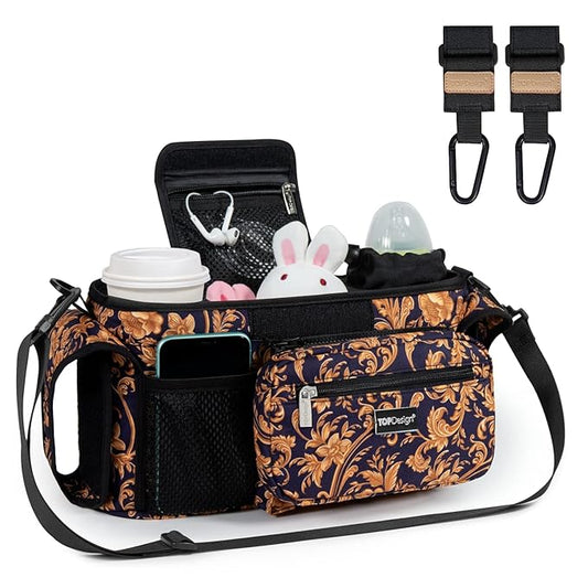 TOPDesign Universal Baby Stroller Organizer, Stroller Caddy with Heightened Insulated Cup Holders & Non-Slip Secure Hooks Accessories, Fits Most Strollers, Machine Washable (Baroque Gold)