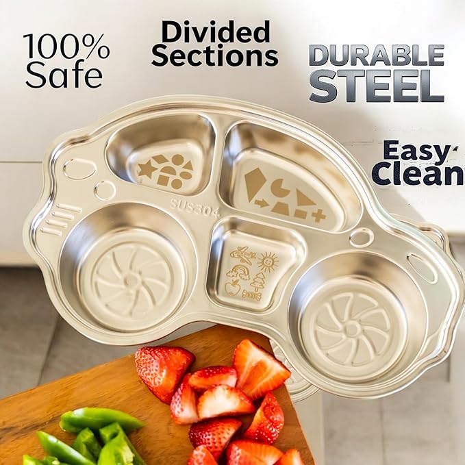 Stainless Steel Plates for Kids, Toddler Plate, Non Toxic Baby Dinnerware, BPA-Free Feeding Tray, Durable, Easy to Clean, Compatible with Dishwasher, Freezer, Microwave