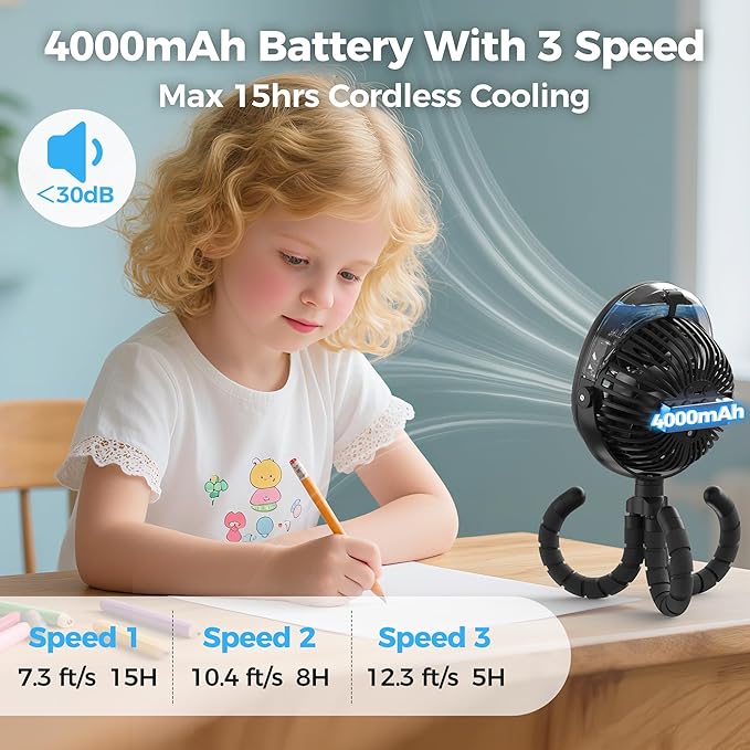 2025 Upgarded 4000mAh Misting Baby Stroller Fan, Rechargeable Battery Operated,Max 15Hrs Cooling,50ml Portable Water Sprayer Misting Fan with Flexible Tripod Clip on Car Seat Crib Treadmill Bunk Bed