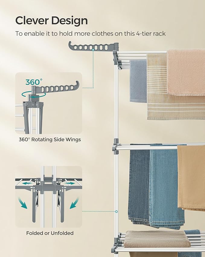 SONGMICS Clothes Drying Rack Stand 4-Tier, Foldable Laundry Drying Rack 68.1-Inch Tall, Steel, Rolling Clothes Horses Dryer Rack, Easy to Assemble, Indoor Outdoor Use, White ULLR701W01