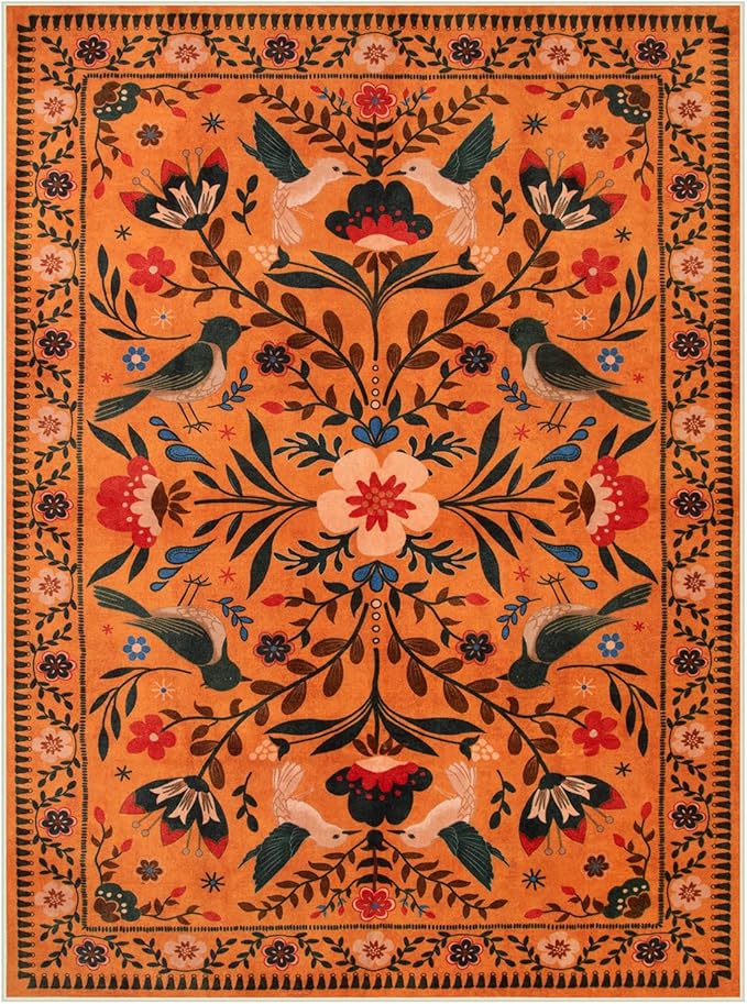 Moynesa Boho Area Rugs 9x12 Living Room, Machine Washable Ultra Thin Soft Bedroom Rug, Indoor Bird Floral Pattern Print Large Orange Carpet for Hardfloor Dining Room Under Table Playroom