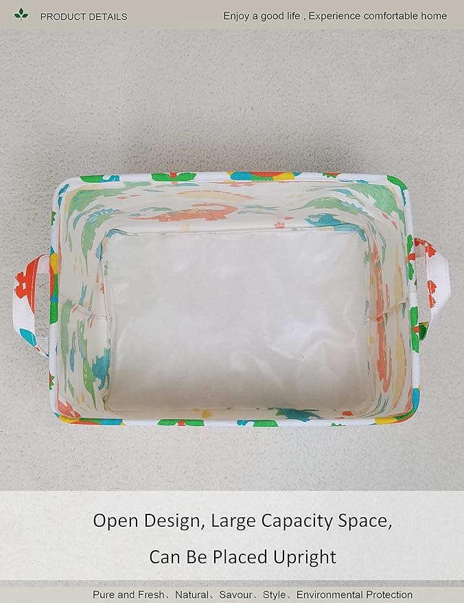 Rectangular Folding Laundry Basket, Canvas Basket,Nersury Hamper,Suitable for Children,Office,Bedroom,Clothes,Toys Storage（Dinosaur Paradise） (1)