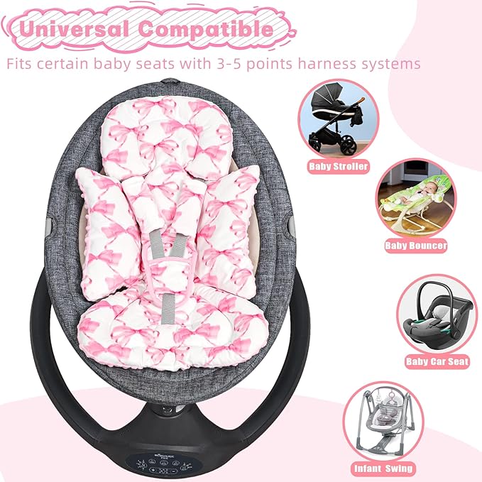 Infant Car Seat Insert, Soft Baby Car Seat Head & Body Support for Girl Boy, Reversible Newborn Preemie Carseat Insert Cushion with 3 Straps Pads, Fits Car Seat, Stroller, Swing, Bouncer, Pink Bow