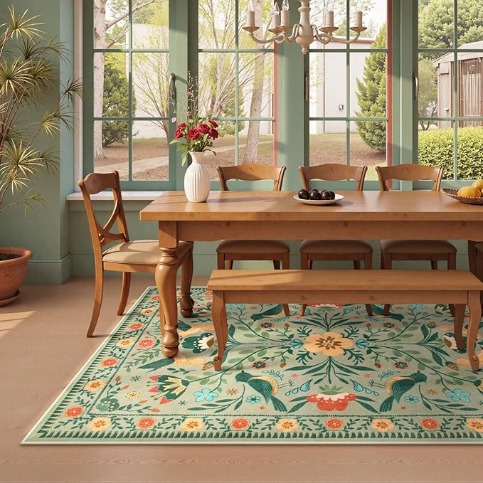 Moynesa Boho Area Rugs 5x7, Ultra Thin Soft Washable Rugs for Living Room Bedroom Non Slip, Stain Resistant, Indoor Bird Patterned Sage Green Large Carpet for Kitchen Entryway Office