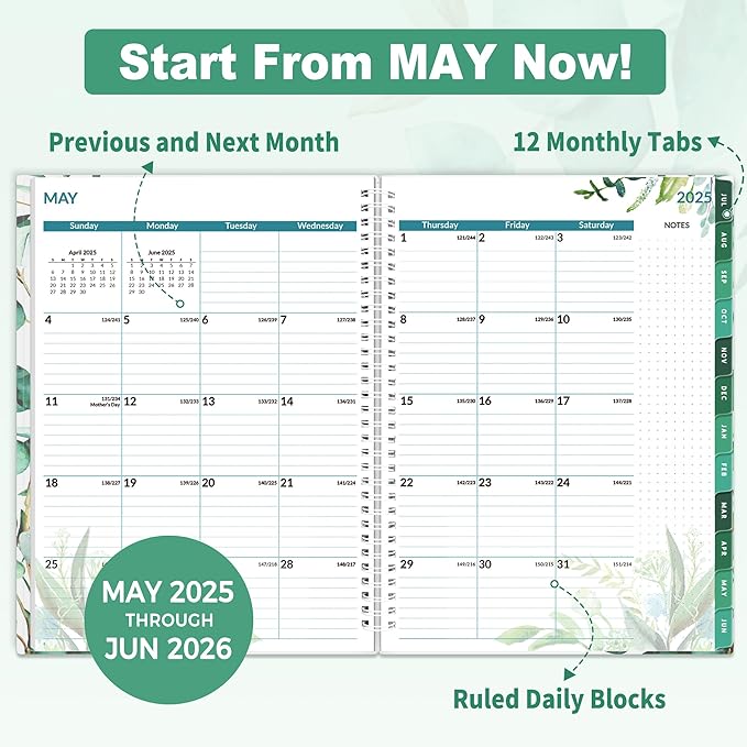 SUNEE Academic Planner 2025-2026 Weekly and Monthly, July 2025-June 2026, 8.5"x11", Tabs, Note Pages, Pockets, Bookmark, Flexible Cover, Spiral Binding, Leaves