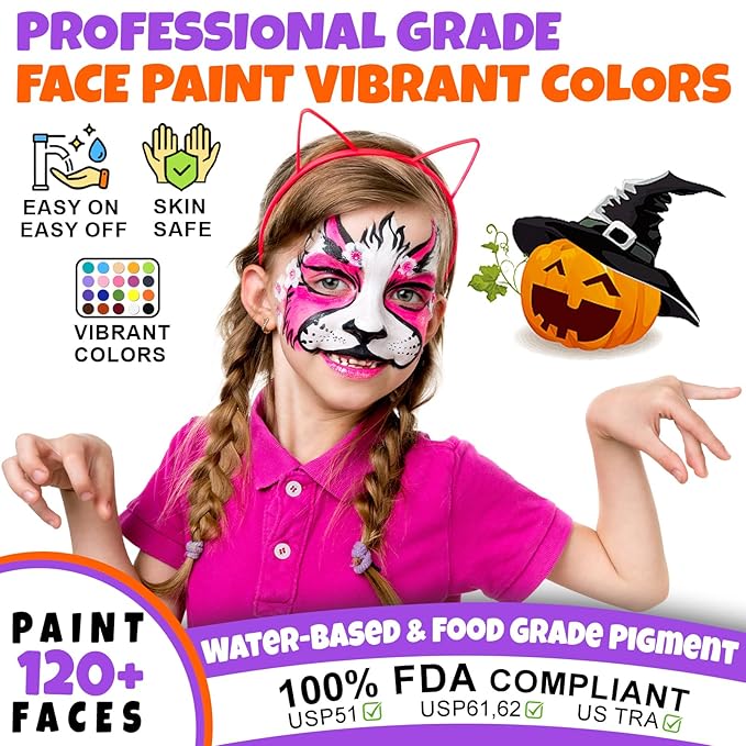 Face Painting Kit for Kids - 24 Colors Water Based Non Toxic Face Paint Kit, Professional Face Paint for Kids with Stencils & Brushes - Parties, Birthdays, Halloween Face Body Makeup Kit