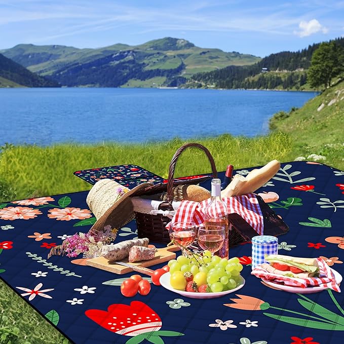 Extra Large Picnic Blanket Waterproof,80"x 80"Foldable Machine Washable Beach Blanket,Outdoor Blanket for 6-8 Adults,Suitable for Indoor Crawling,Park Beach,Camping,Hiking,Family Travel(Light Blue)