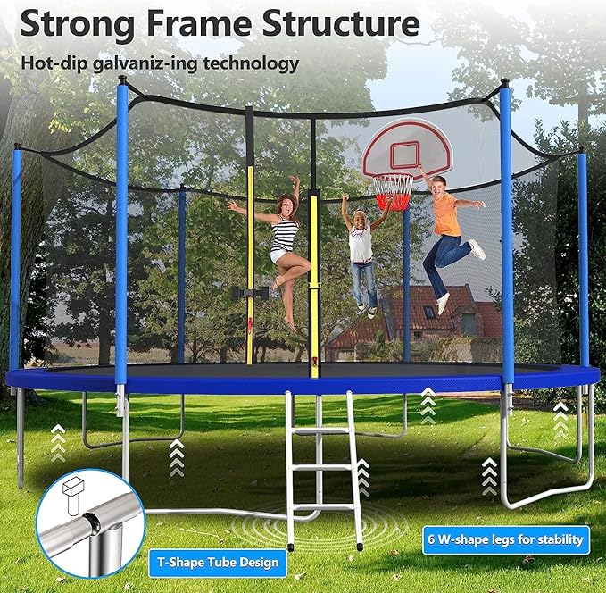 Upgraded 10/12/14/15/16FT Trampoline Outdoor, Large Kids Trampoline with Light, Stakes, Sprinkler, Backyard Trampoline with Basketball Hoop and Net, Capacity for 4-6 Kids and Adults